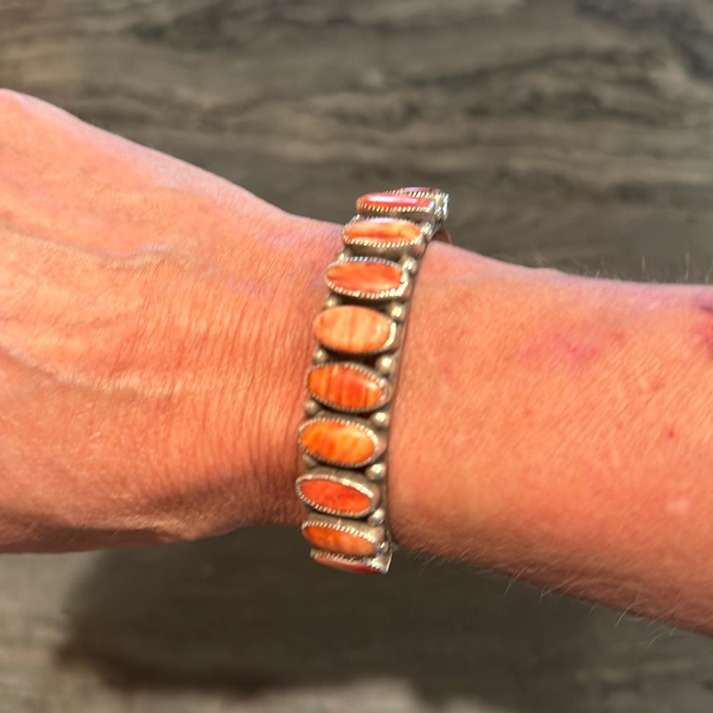 Vintage Navajo J. Haley Spiny Oyster sterling cuff bracelet 10 stones